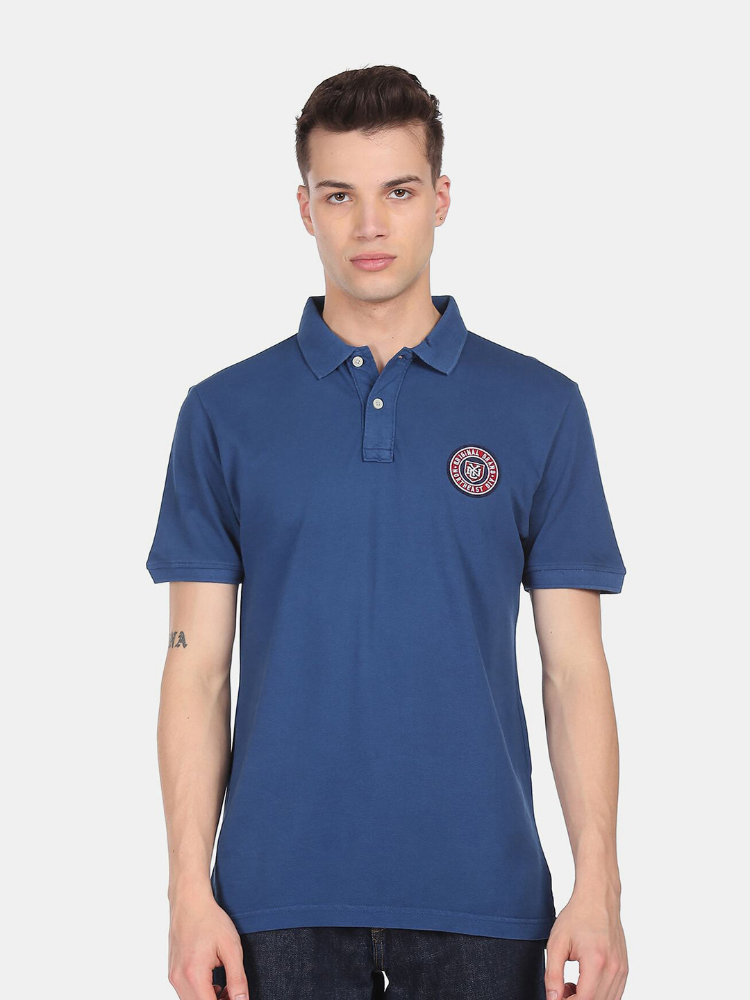 

Aeropostale Men Blue Polo Collar Indigo Ribbed Cotton T-shirt