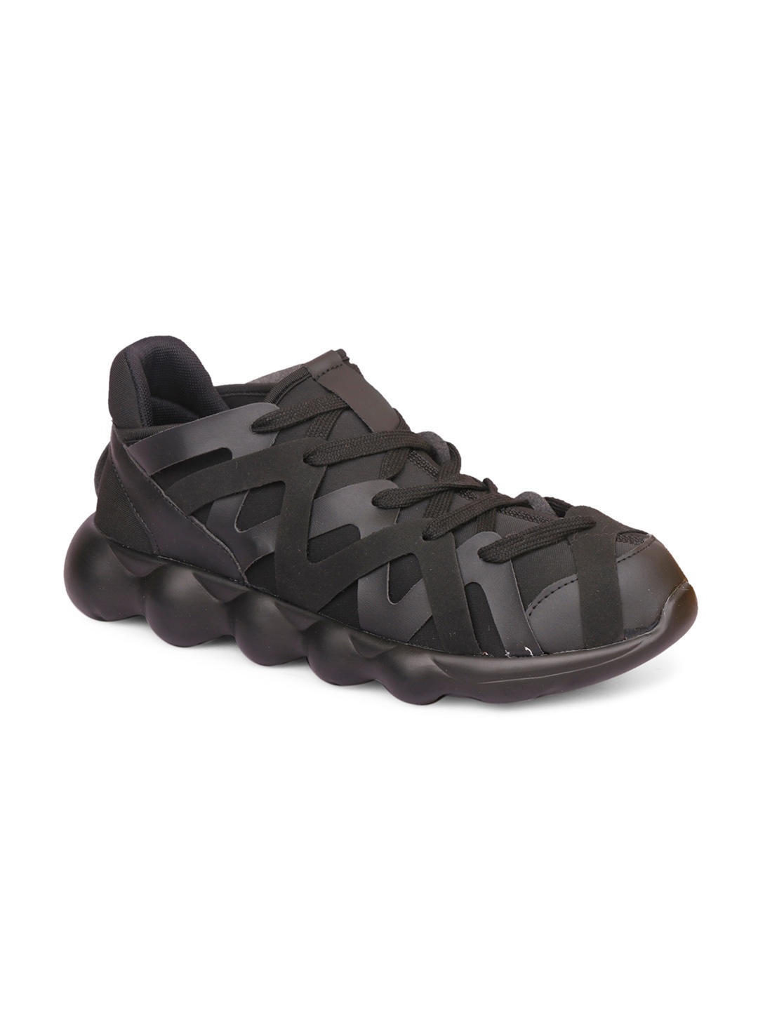 

MOZAFIA Men Black Textured Laser Cut Lace-Up Sneakers Sneakers