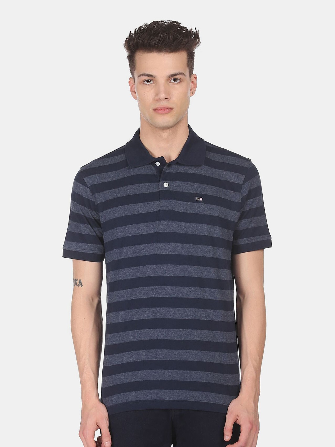 

Arrow Sport Men Navy Blue Striped Polo Collar Cotton T-shirt