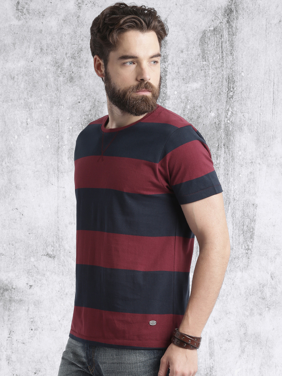 

Roadster Maroon Navy Striped Round Neck Pure Cotton T-shirt