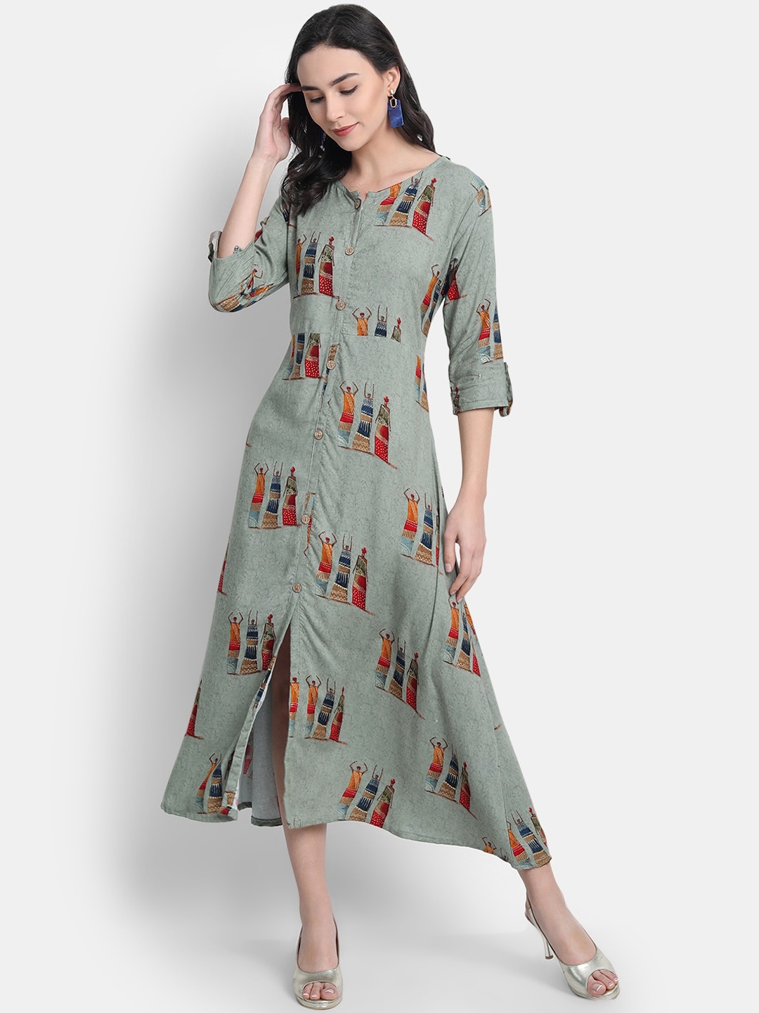 

KALINI Women Green Floral Printed Bell Sleeves Rayon Anarkali Kurta
