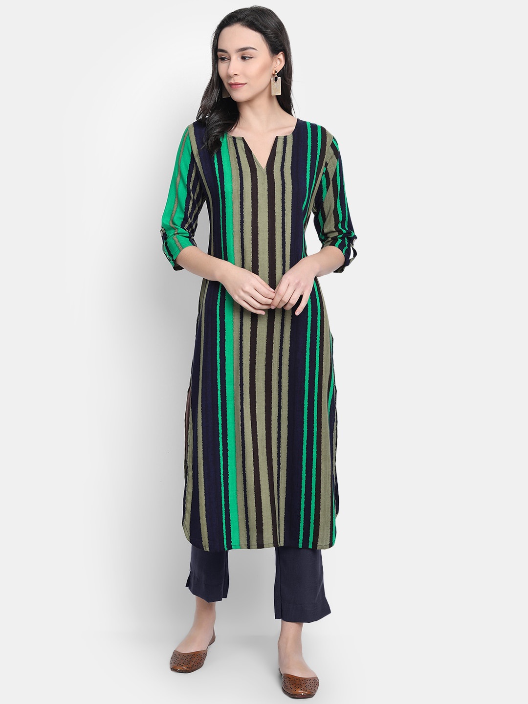 

KALINI Women Green & Black Striped Kurta