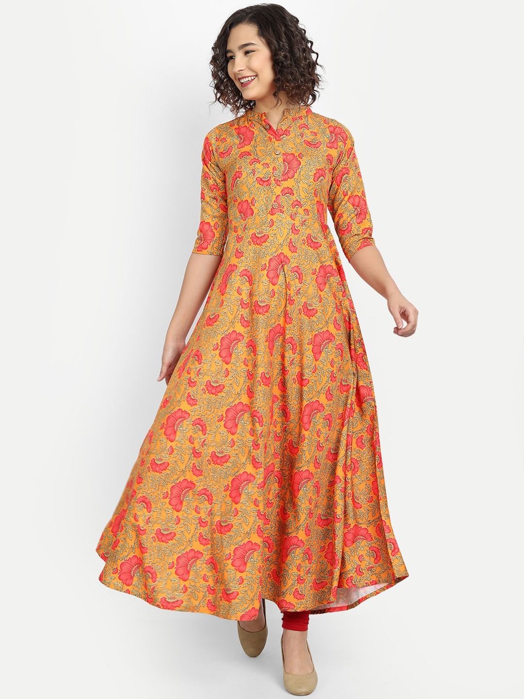 KALINI Women Yellow Floral Printed Crepe Anarkali Kurta