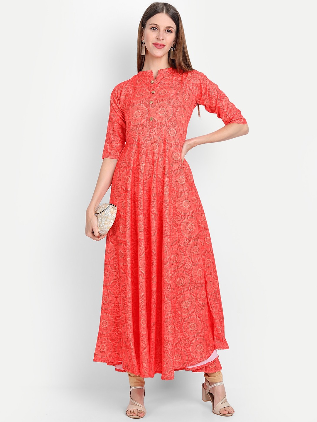 

KALINI Women Orange & Beige Ethnic Motifs Printed Crepe Anarkali Kurta