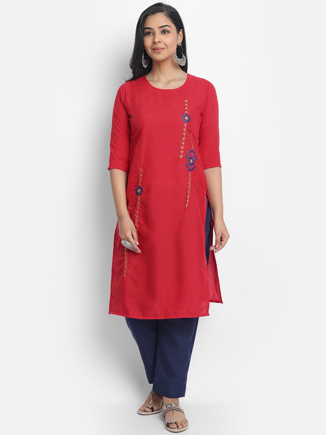 

KALINI Women Maroon & Blue Thread Work Kurta