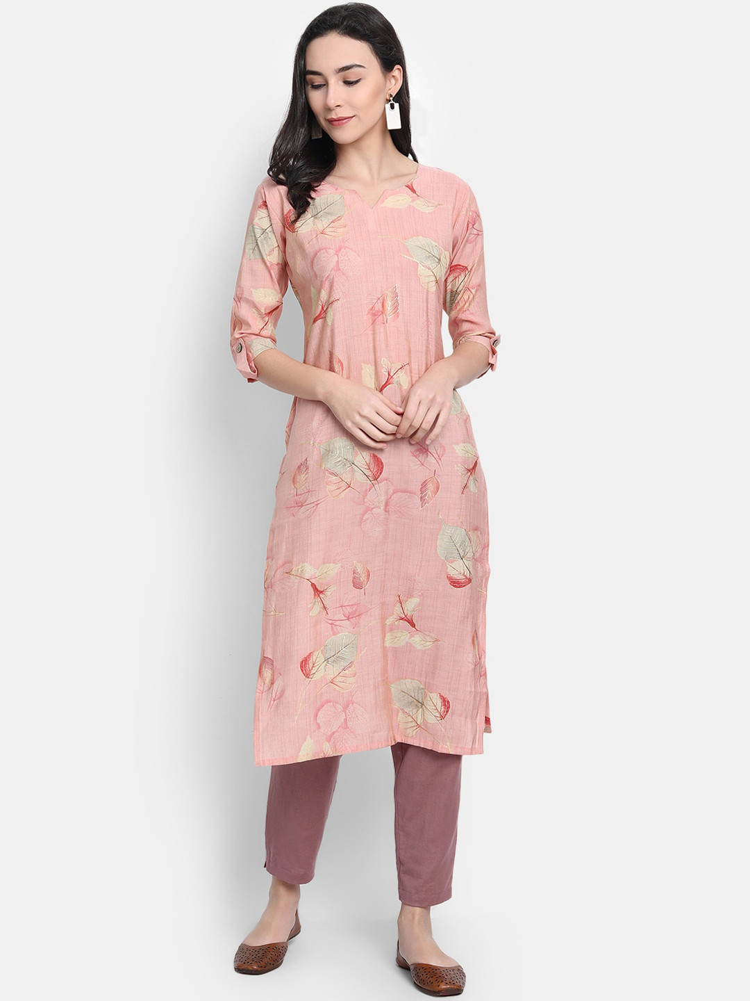 

KALINI Women Pink Floral Printed Chanderi Silk Straight Kurta