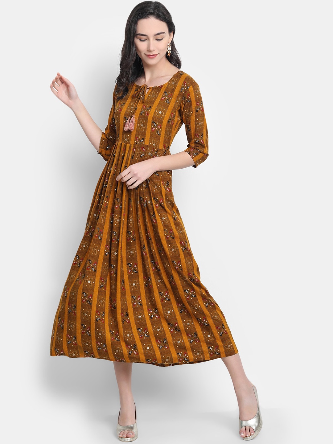 

KALINI Women Brown & Mustard Yellow Ethnic Motifs Printed Rayon Anarkali Kurta