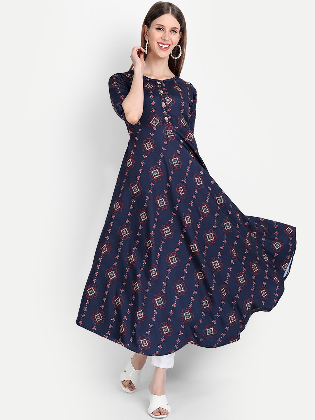 

KALINI Women Navy Blue & Off-White Floral Printed Anarkali Kurta