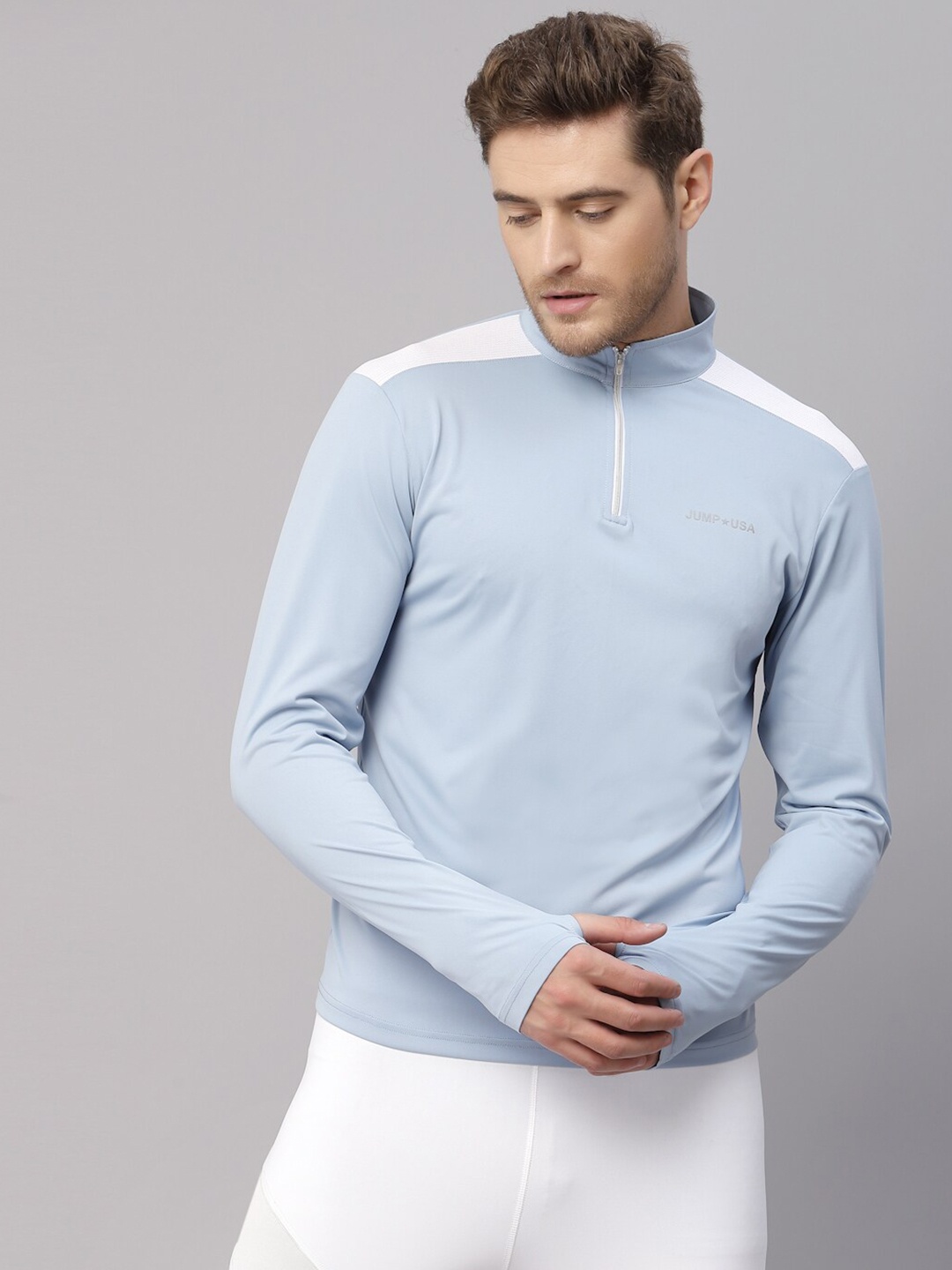 

JUMP USA Men Blue & White Mandarin Collar Yoga T-shirt