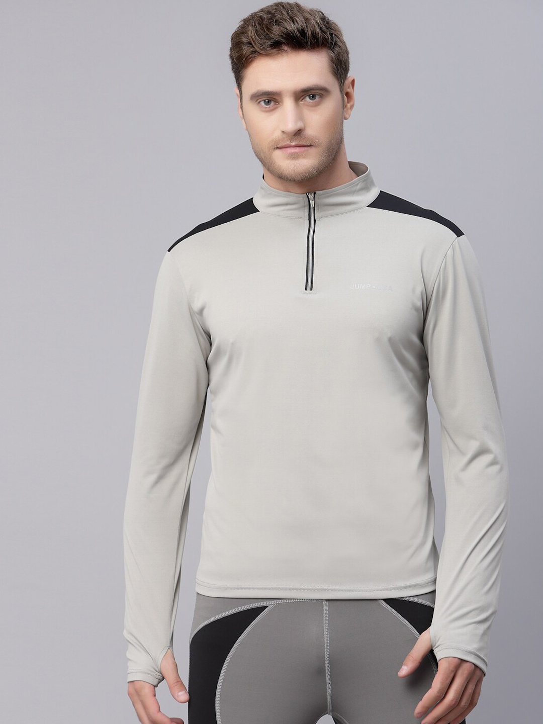 

JUMP USA Men Grey & Black High Neck T-shirt