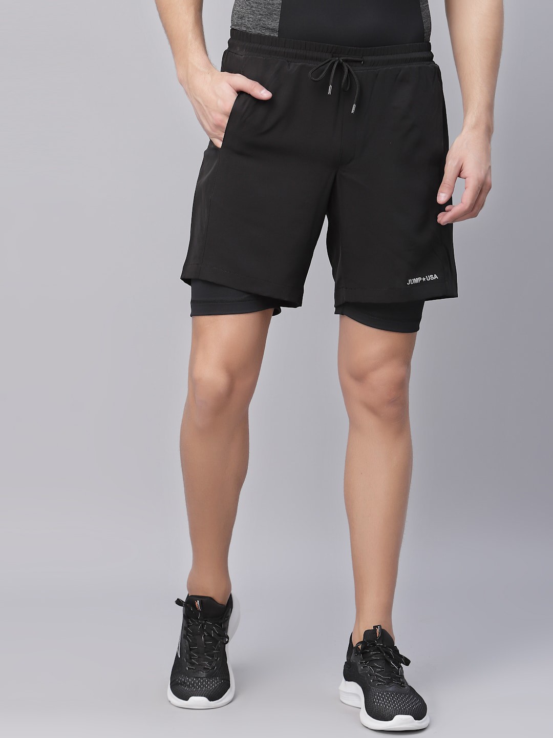 

JUMP USA Men Black Outdoor Layered Sports Shorts with e-Dry Technology Technology