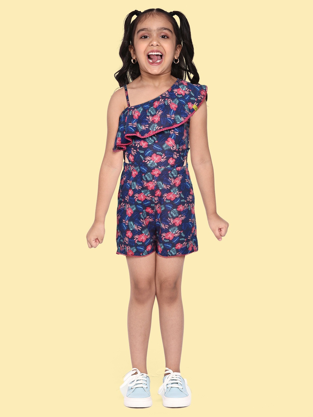 

Allen Solly Junior Girls Navy Blue & Pink Tropical Print One-Shoulder Jumpsuit