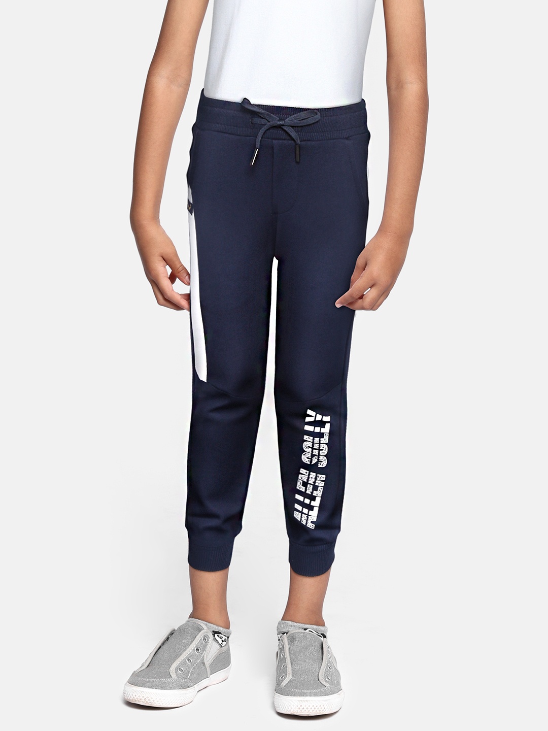 

Allen Solly Junior Boys Navy Blue & White Brand Logo Print Cotton Joggers