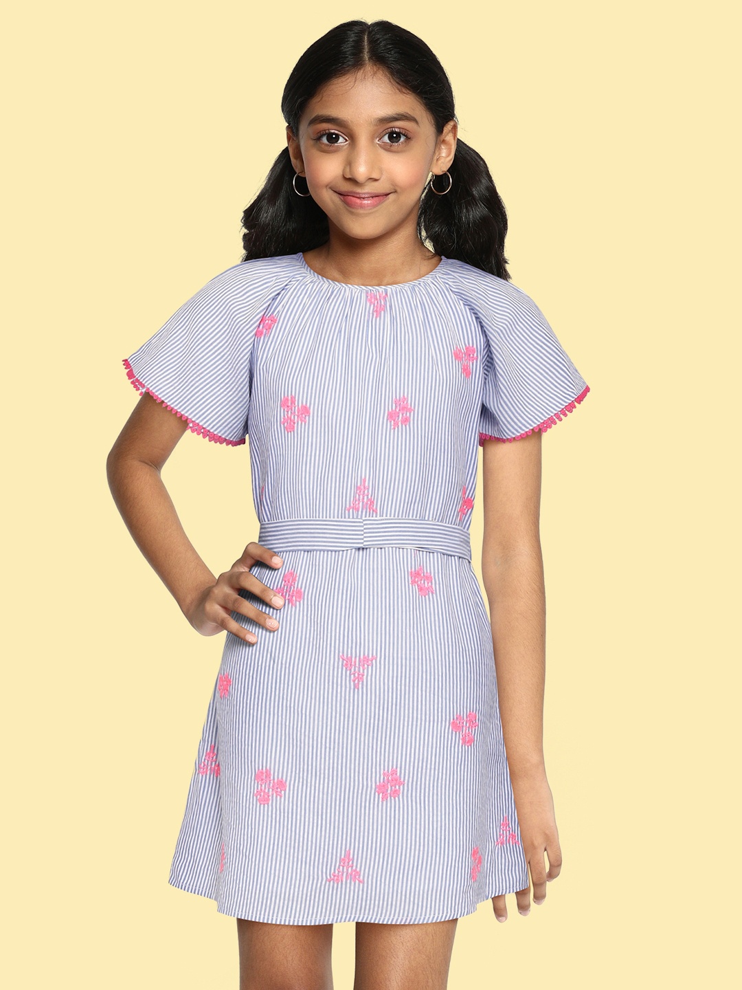 

Allen Solly Junior Girls Blue & White Striped Cotton A-Line Dress