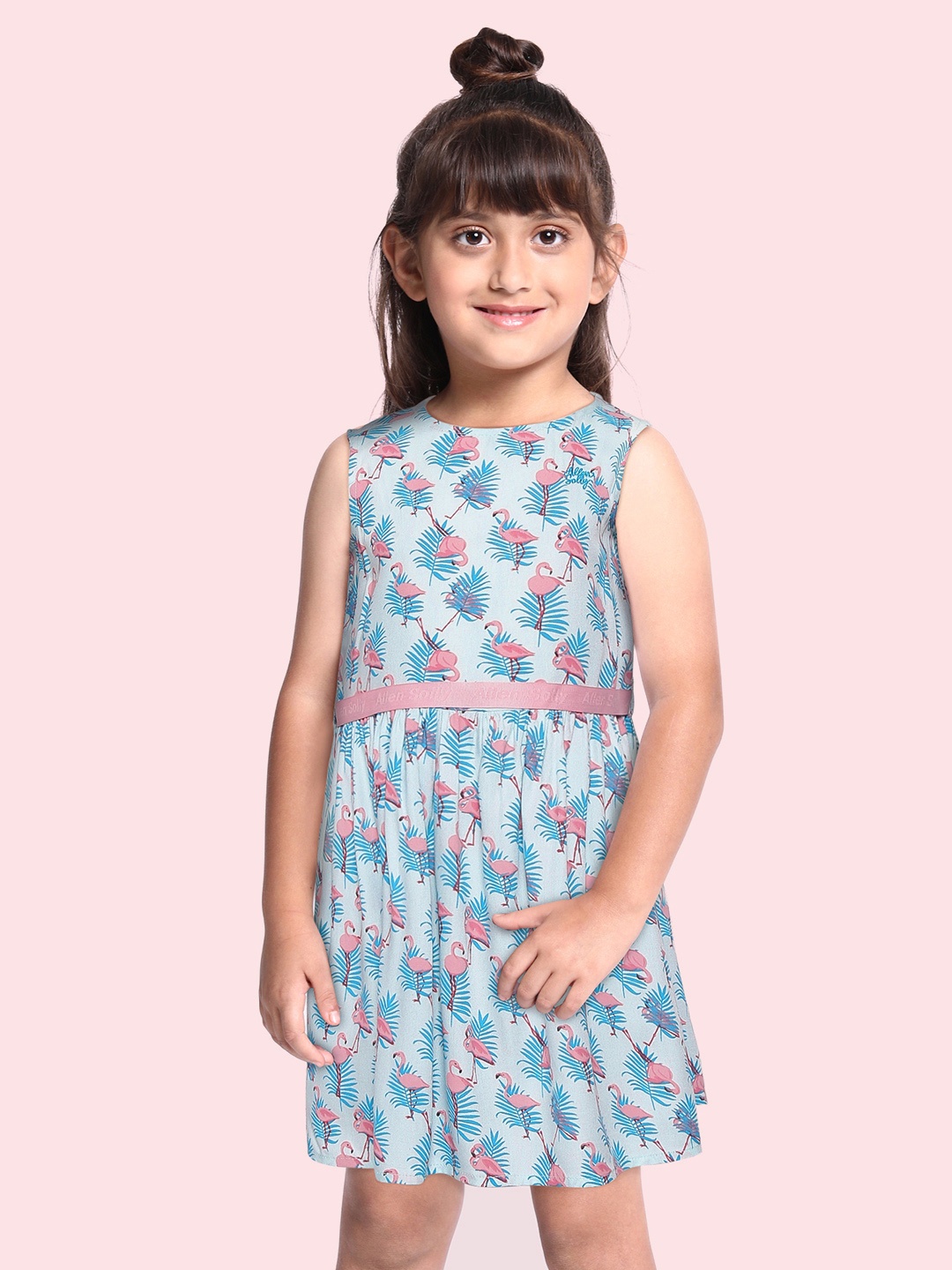 

Allen Solly Junior Girls Blue & Peach-Coloured Tropical Liva A-Line Dress