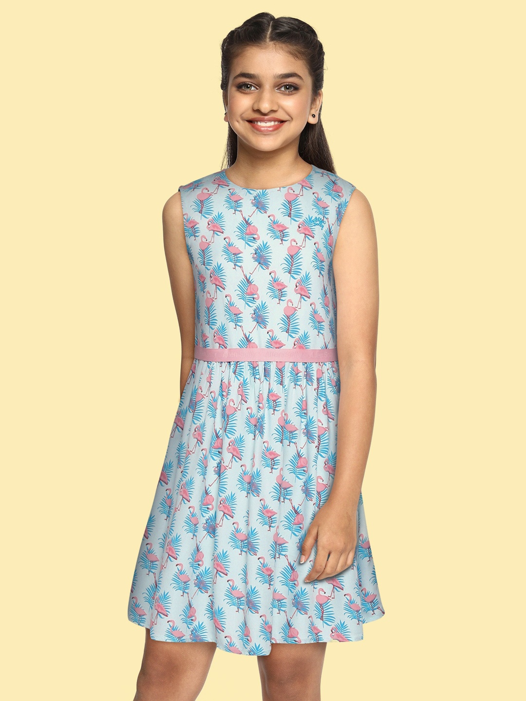 

Allen Solly Junior Girls Blue & Peach-Coloured Tropical Liva A-Line Dress