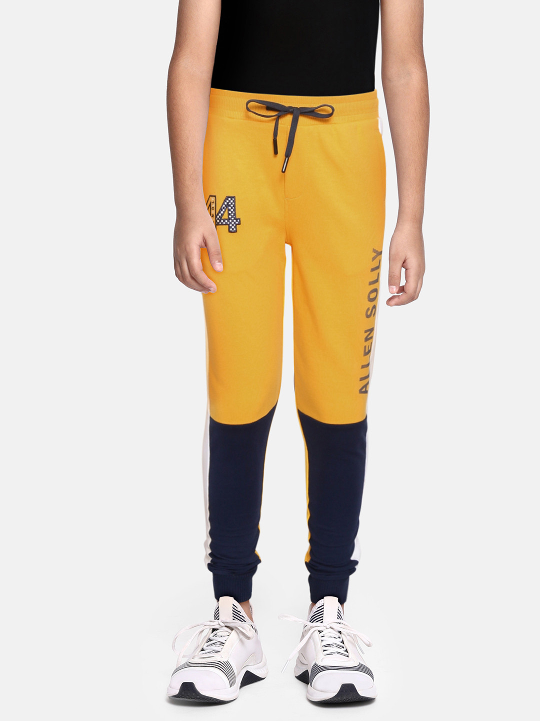 

Allen Solly Junior Boys Yellow & Navy Blue Colourblocked Print Pure Cotton Joggers