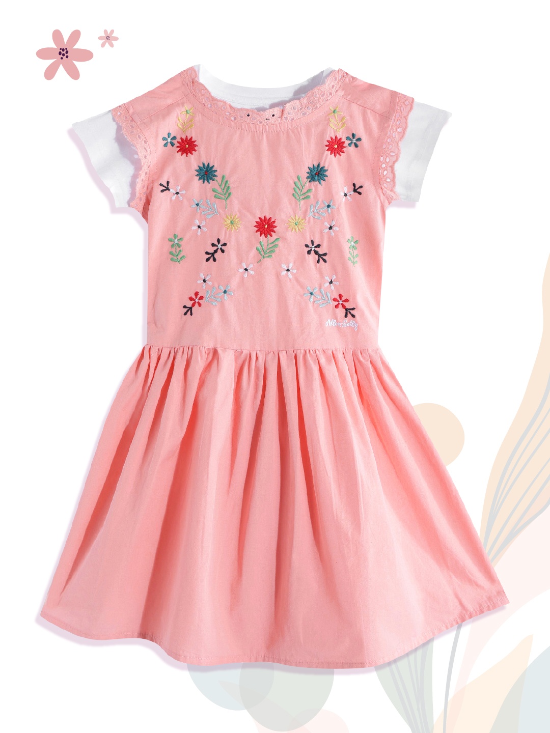 

Allen Solly Junior Girls Peach-Coloured Floral Embroidered A-Line Dress with T-shirt