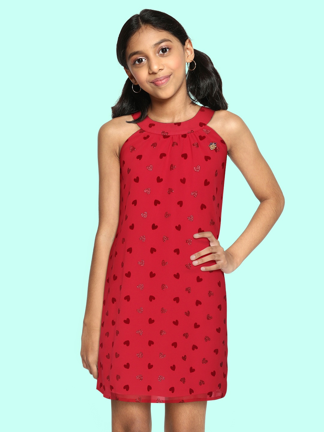 

Allen Solly Junior Girls Maroon Heart Print A-Line Dress