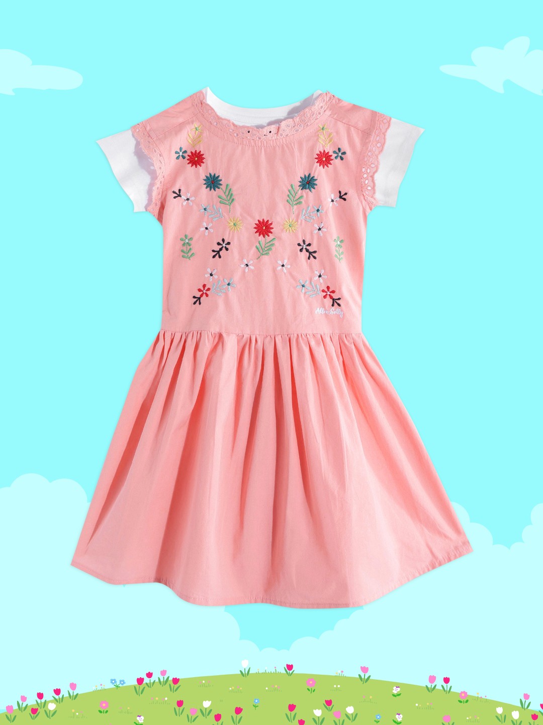 

Allen Solly Junior Girls Peach-Coloured Floral Embroidered A-Line Dress with T-shirt