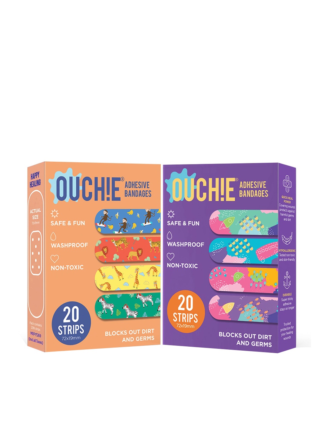 

OUCHIE Set of 2 Non-Toxic Printed Adhesive Bandages - 40 Strips, Orange