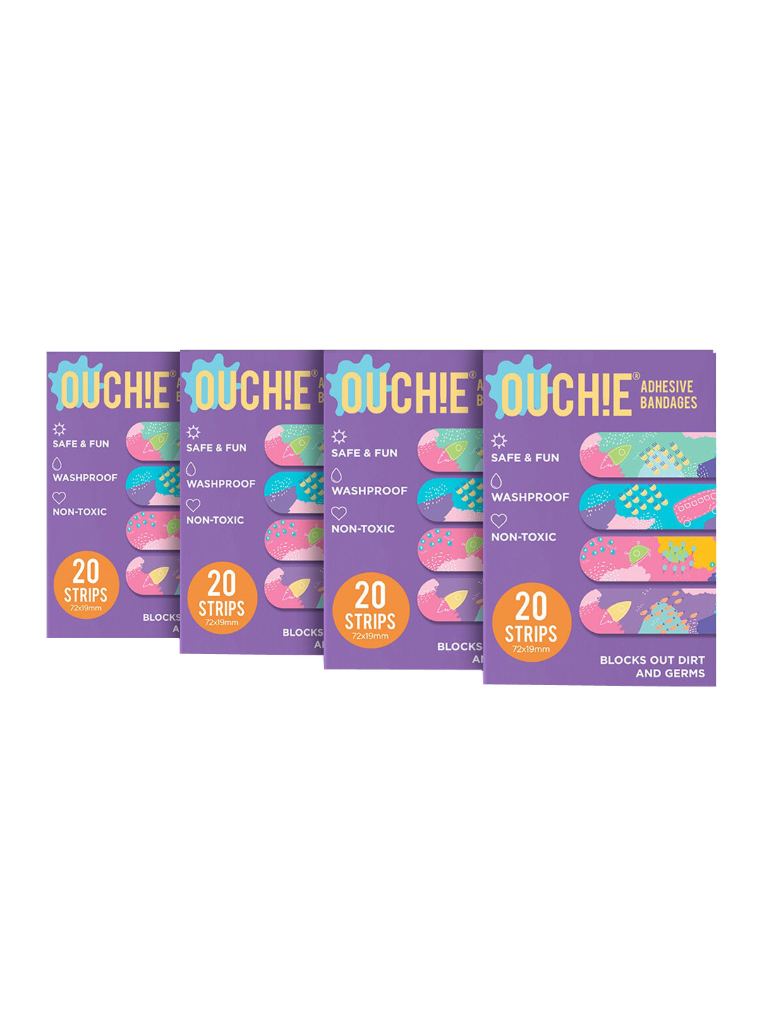

OUCHIE Set of 4 Non-Toxic Printed Adhesive Bandages - 80 Strips, Purple