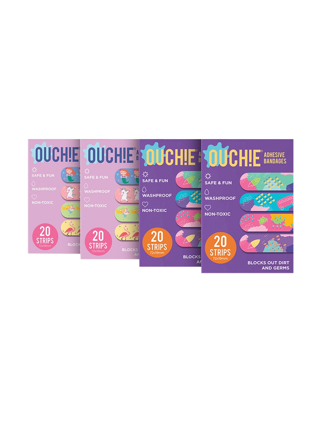 

OUCHIE Set of 4 Non-Toxic Printed Adhesive Bandages - 80 Strips, Lavender