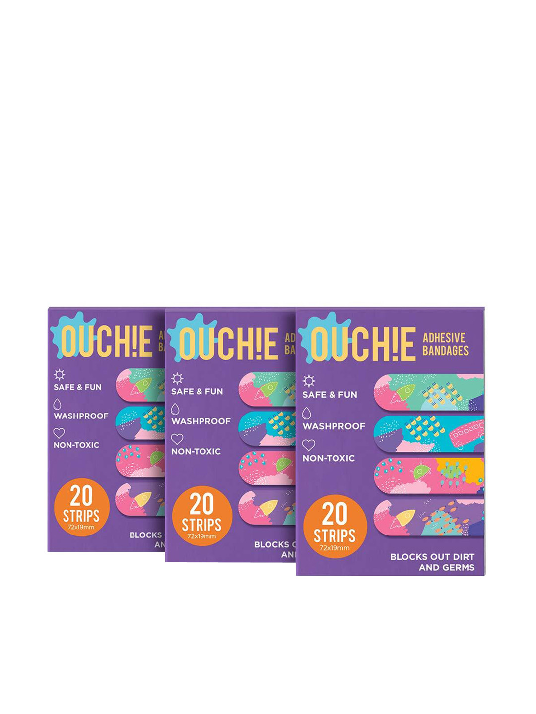 

OUCHIE Set of 3 Non-Toxic Printed Adhesive Bandages - 60 Strips, Purple