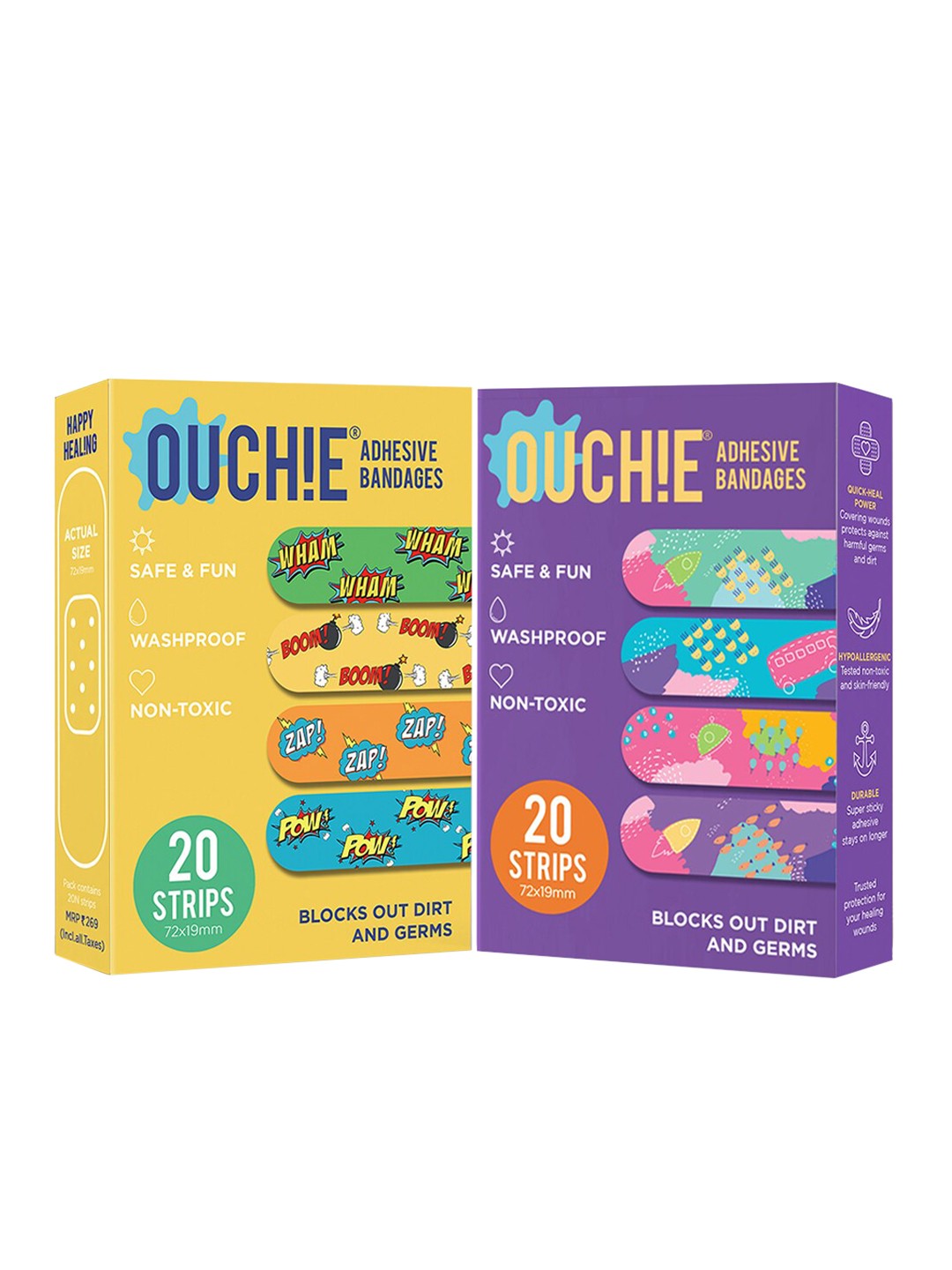 

OUCHIE Set of 2 Non-Toxic Printed Adhesive Bandages - 40 Strips, Yellow