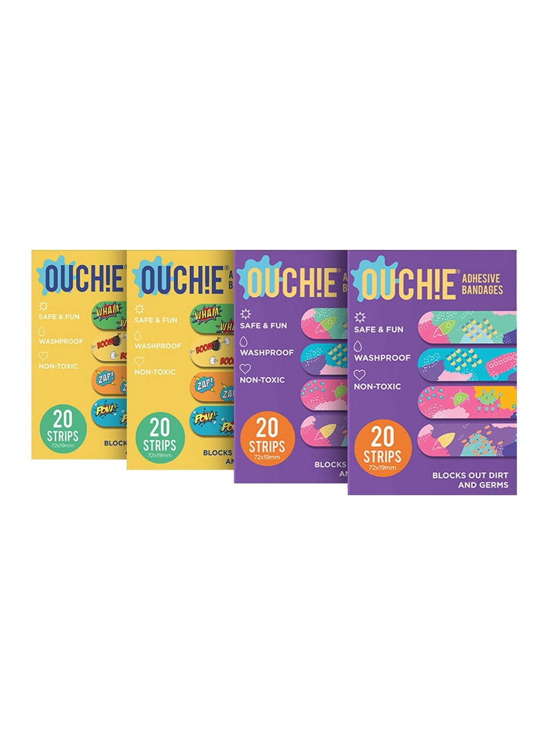 

OUCHIE Set of 4 Non-Toxic Printed Adhesive Bandages - 80 Strips, Yellow