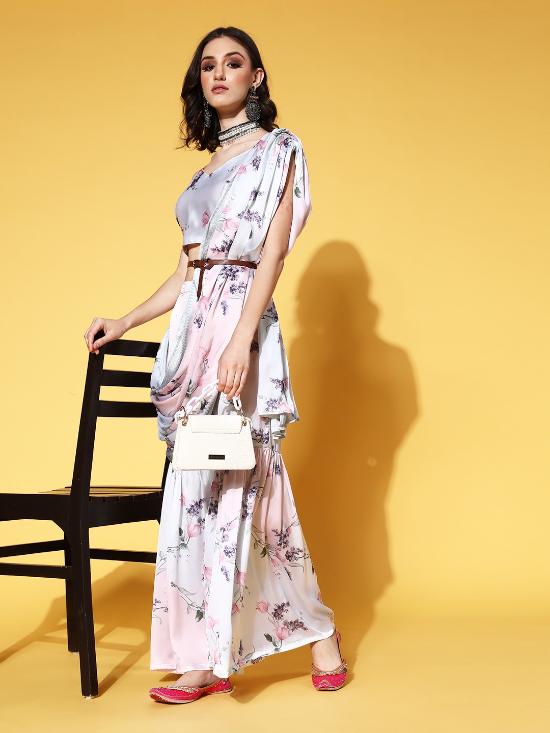 

Mitera Floral Printed Satin Palazzo Saree, Pink