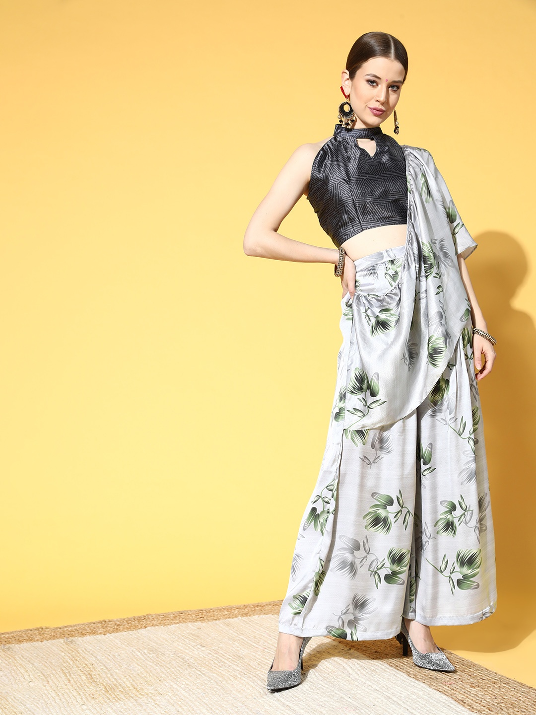 

Mitera Floral Printed Satin Palazzo Saree, Grey