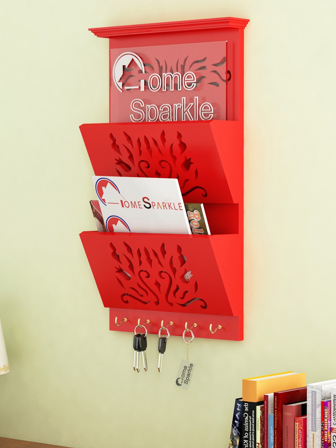 

Home Sparkle Red Wood Wall Shelf with Key Holders
