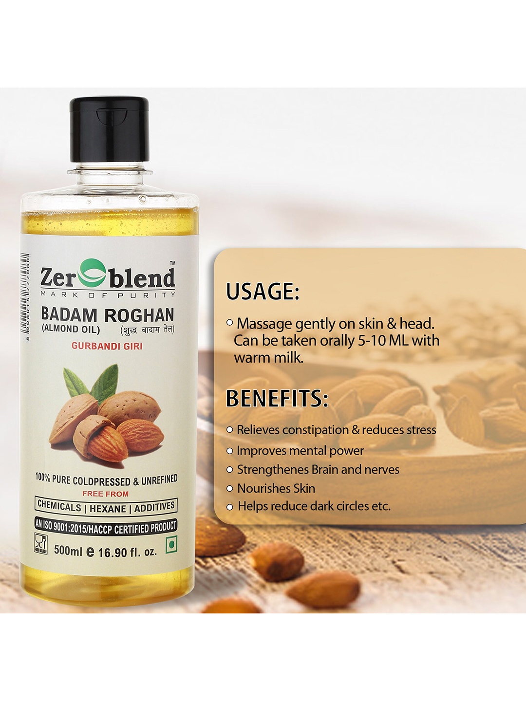 

Zeroblend Kids Badam Roghan Almond Oil - 500 ml, Yellow