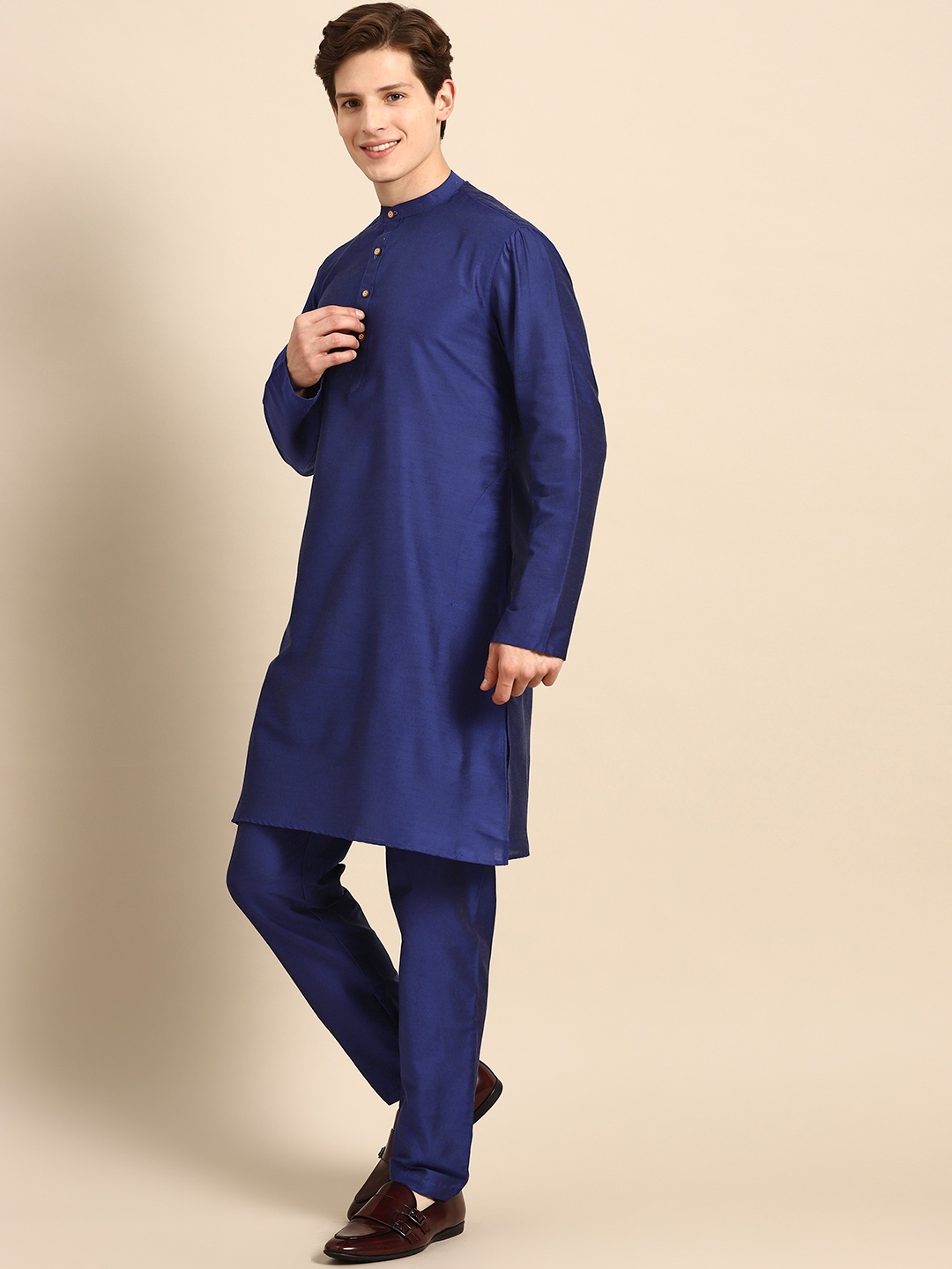 Anouk Men Blue Solid Straight Sustainable Kurta Pyjamas & Woven Nehru Jacket