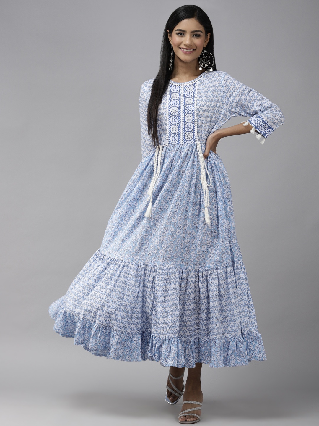 

Yufta White & Blue Ethnic Motifs Tiered Maxi Dress