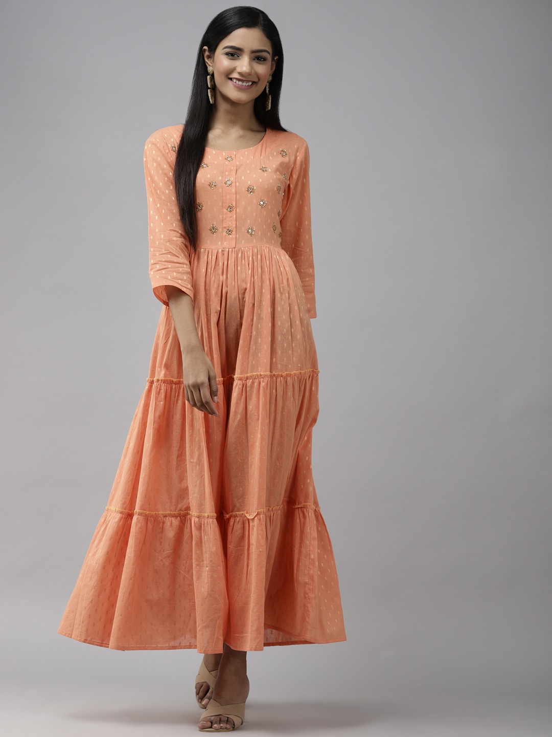

Yufta Peach-Coloured Embellished Maxi Dress