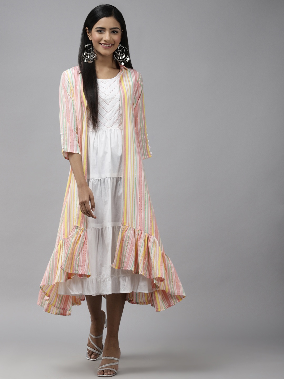 

Yufta White Tiered Midi Dress with Stripe Jacket