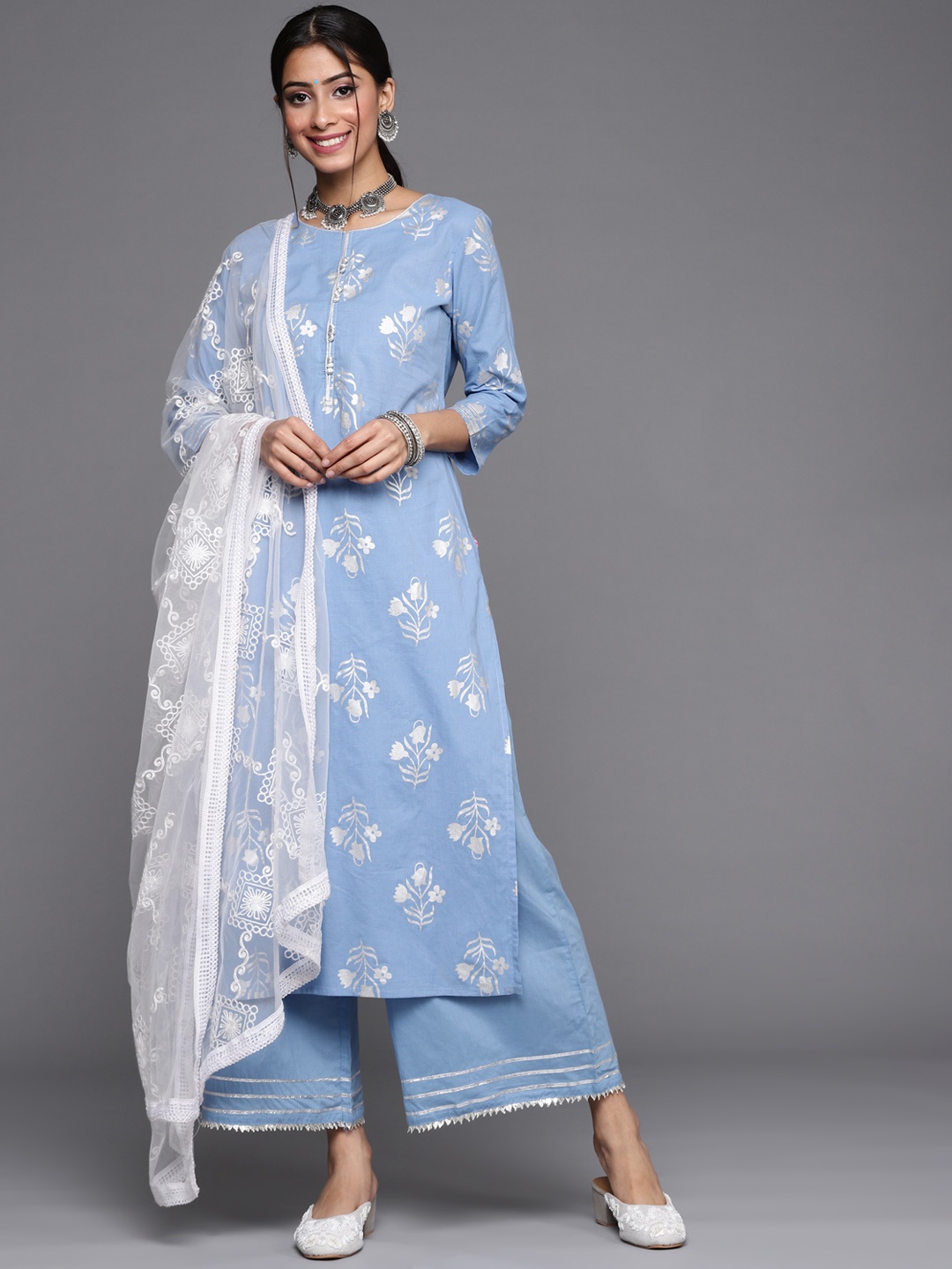 

Varanga Women Blue & Silver Floral Foil Printed Straight Kurta Palazzos & Dupatta