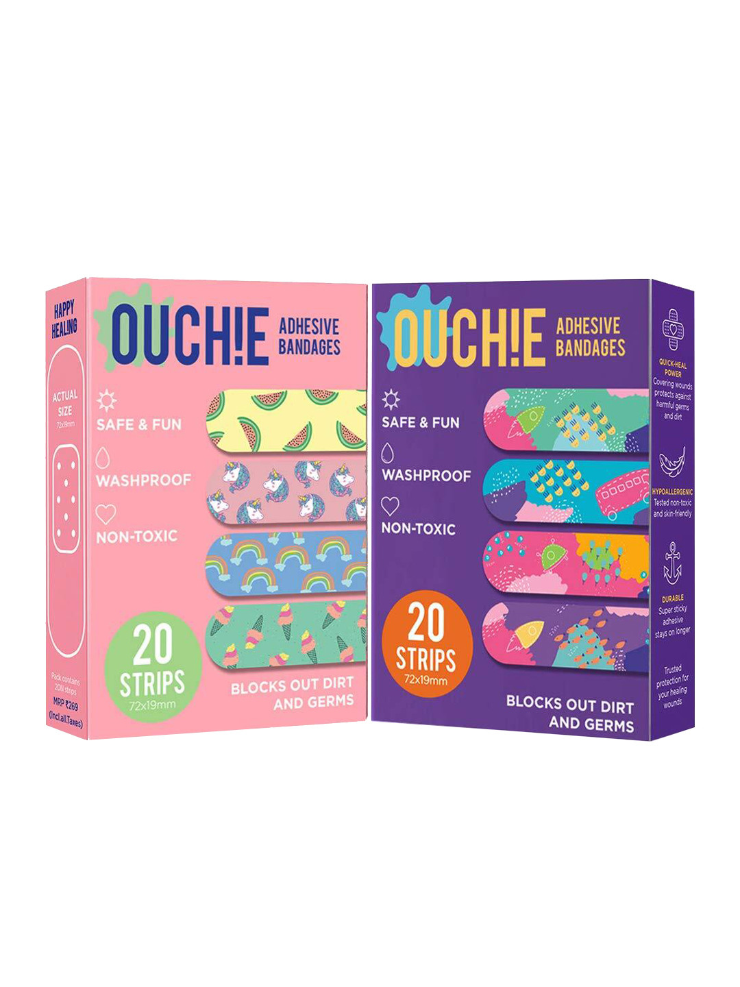 

OUCHIE Set of 2 Non-Toxic Printed Adhesive Bandages - 40 Strips, Pink
