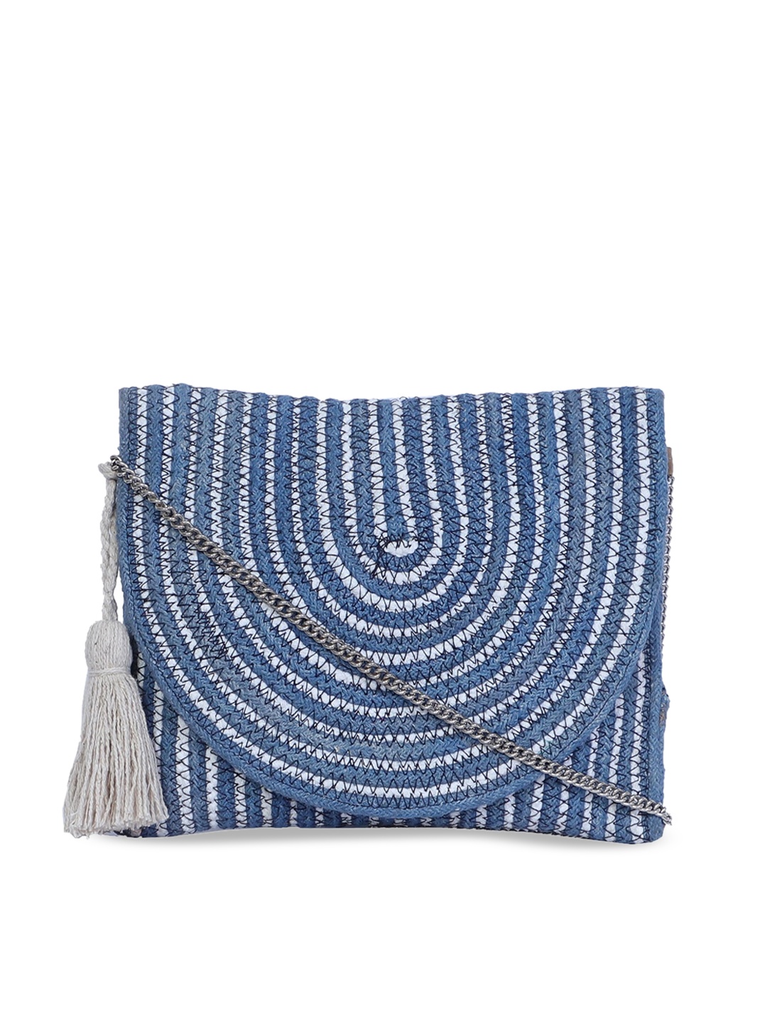 

FABBHUE Blue & White Striped Structured Jute Sling Bag
