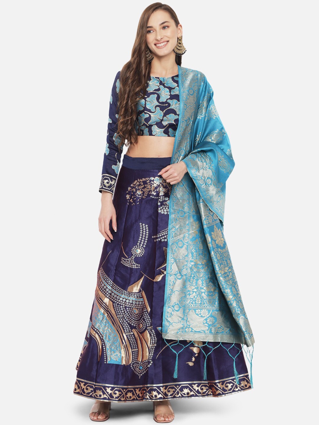 

Mitera Navy Blue & Turquoise Ready to Wear Lehenga & Unstitched Blouse With Dupatta