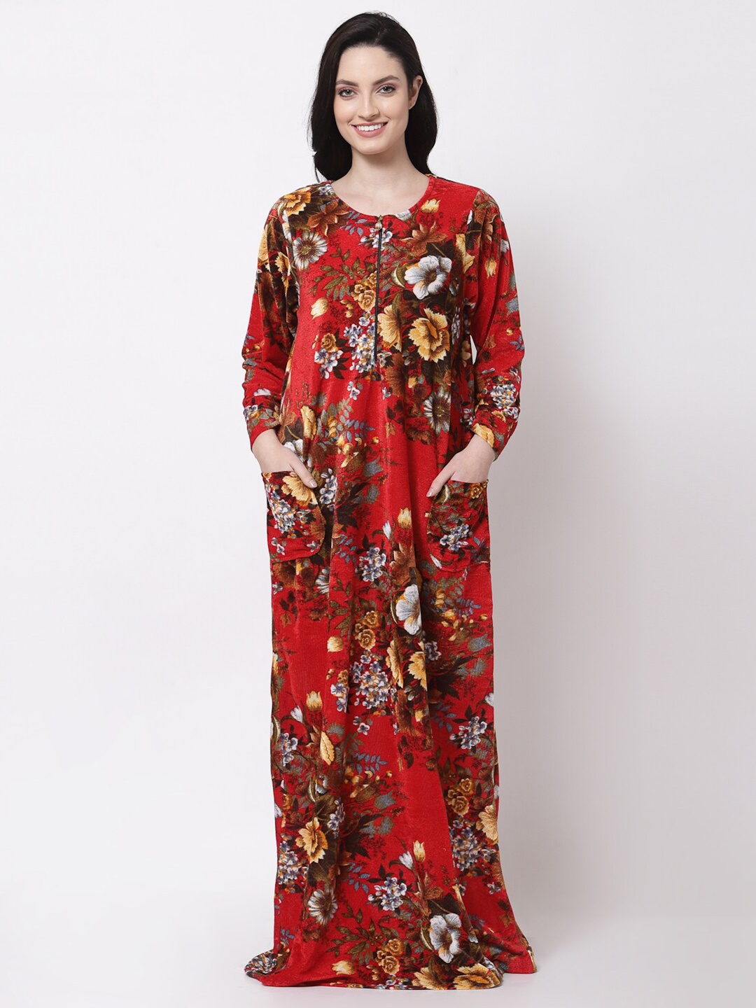 

KLOTTHE Red & Beige Floral Printed Maxi Nightdress