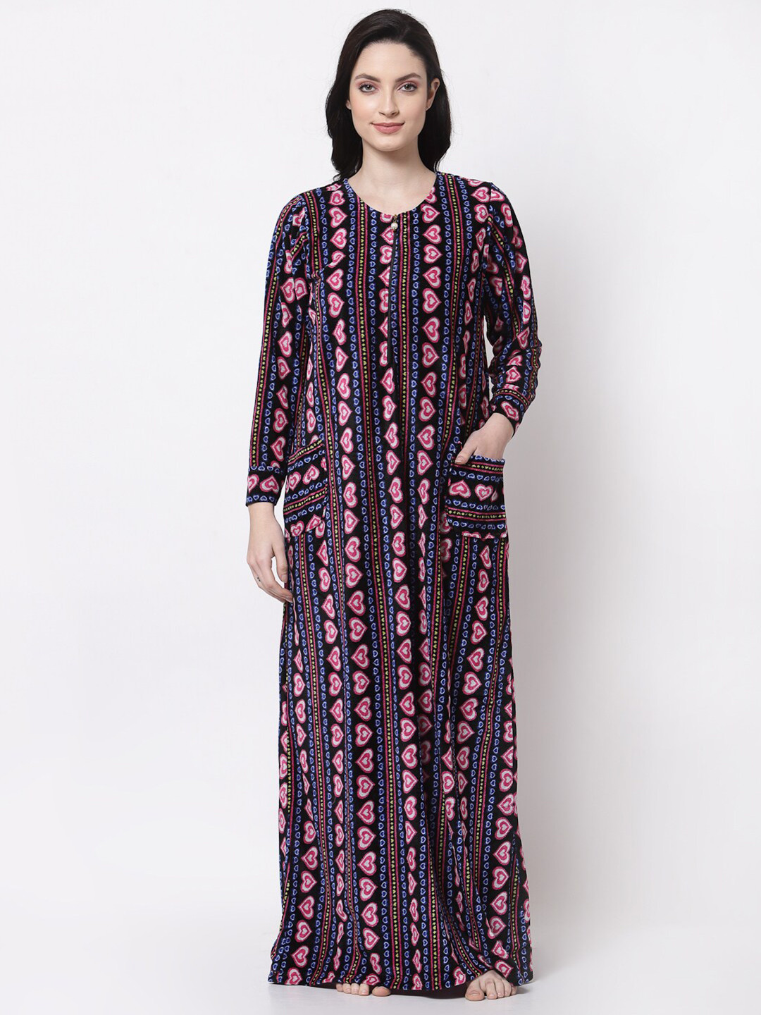 

KLOTTHE Women Black & Blue Printed Maxi Nightdress