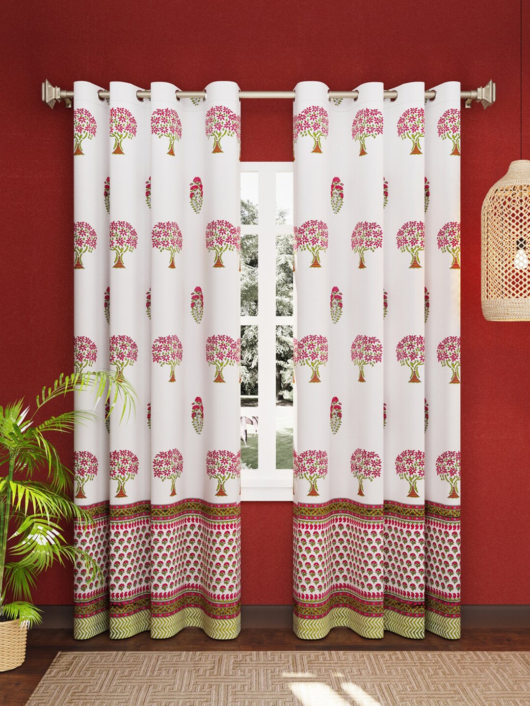 

LIVING ROOTS White & Pink Set of 2 Ethnic Motifs Jaipur Block Printed Door Curtain