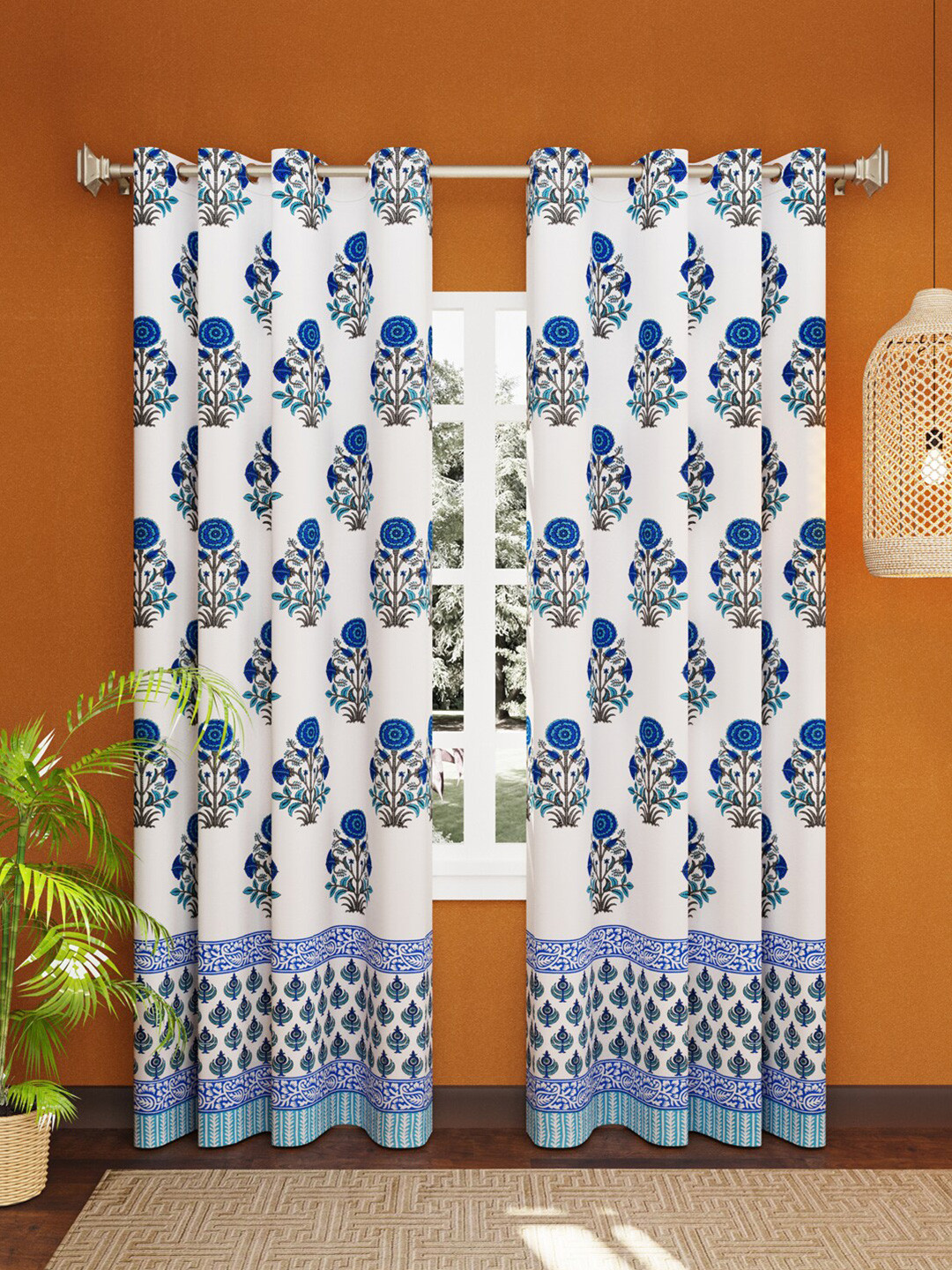 

LIVING ROOTS White & Blue Set of 2 Floral Pure Cotton Door Curtain