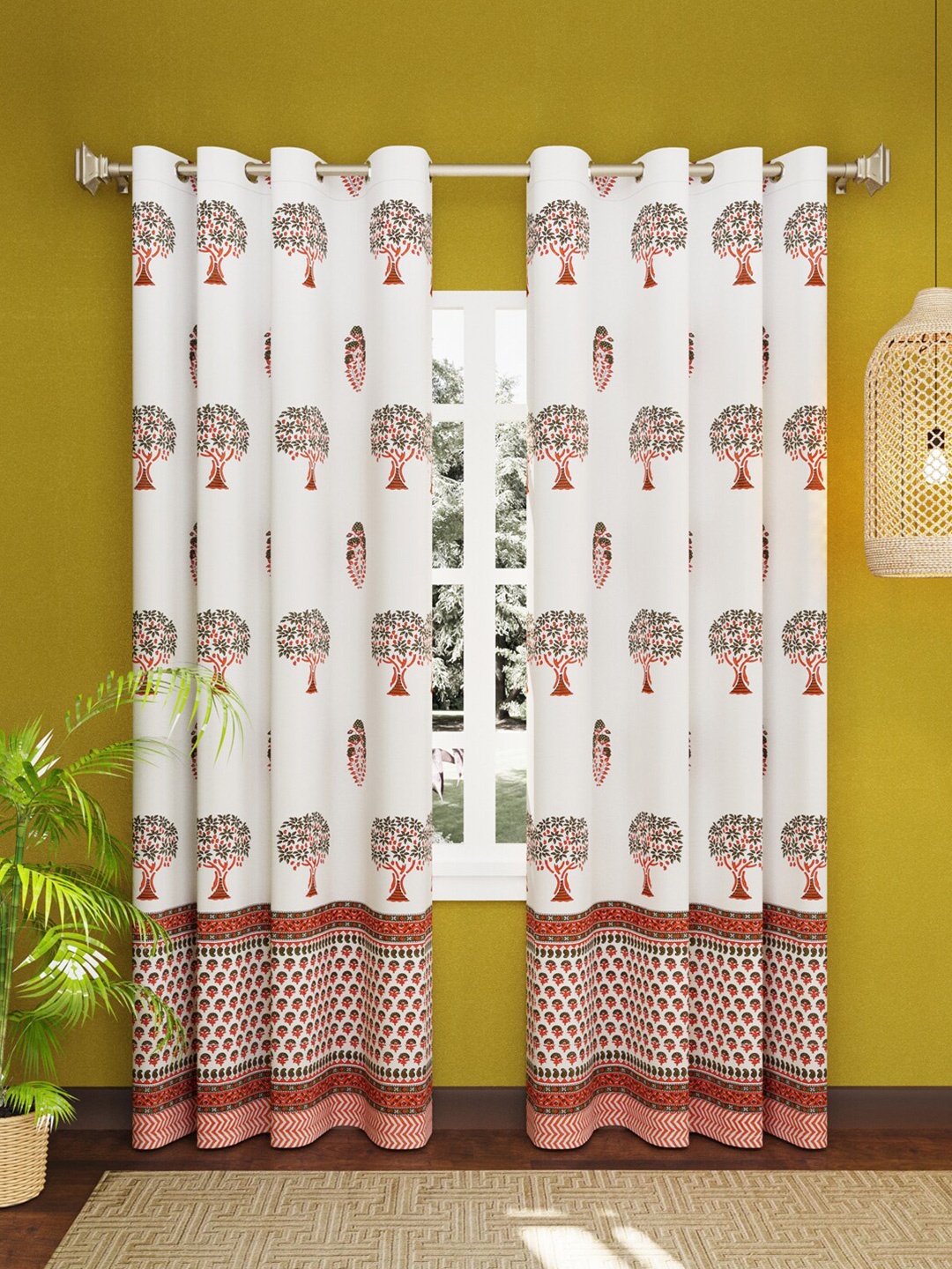 

LIVING ROOTS White & Red Set of 2 Ethnic Motifs Jaipur Block Print Door Curtain