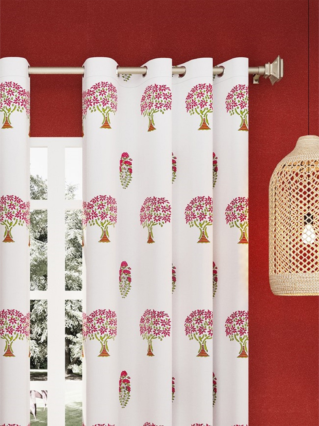 

LIVING ROOTS White & Pink Ethnic Motifs Jaipur Block Print Door Curtain