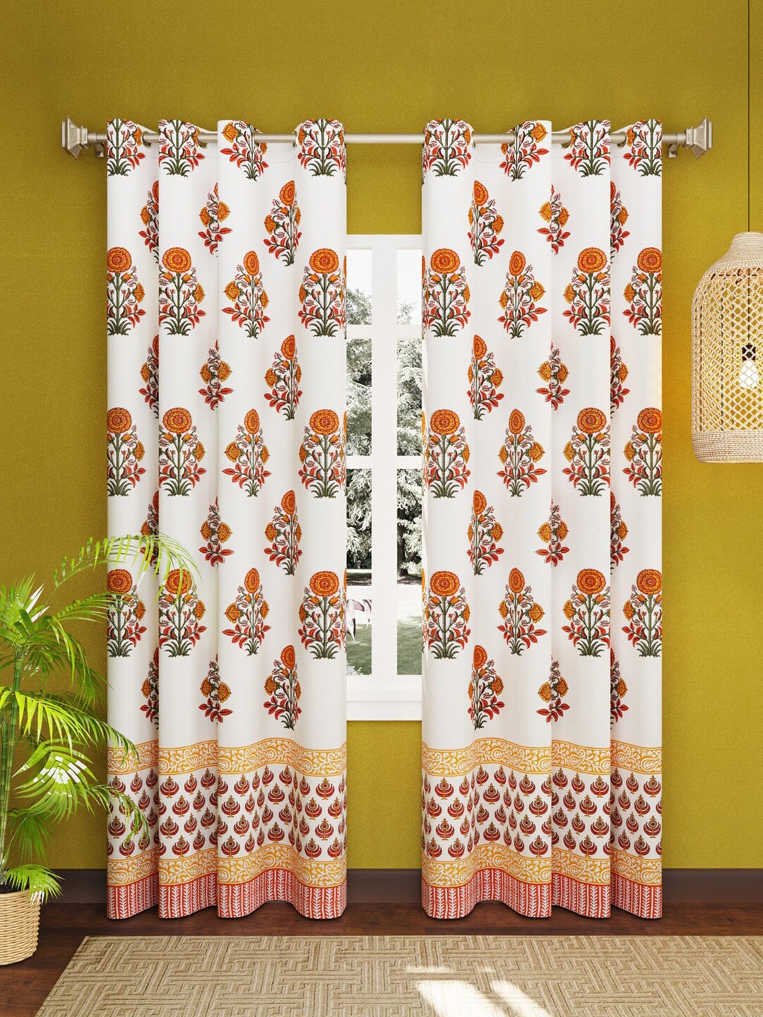 

LIVING ROOTS White & Orange Set of 2 Floral Door Pure Cotton Curtain