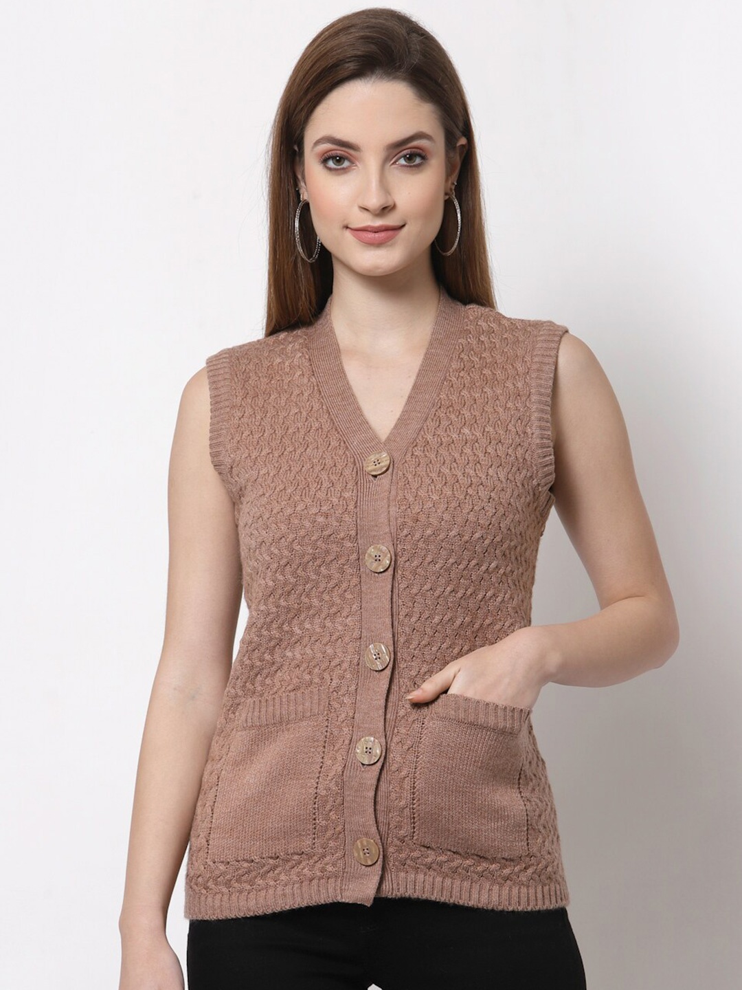 

Kalt Women Brown Cable Knit Acrylic Cardigan